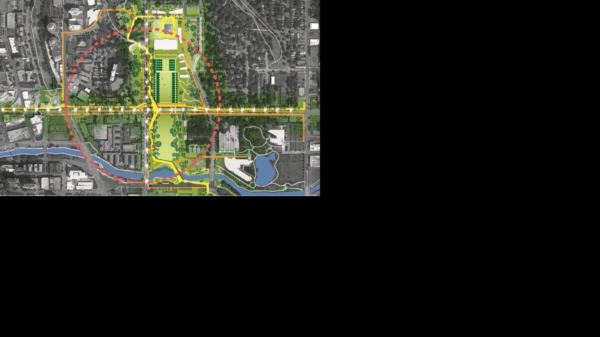 
In the Nelson-Atkins master plan, this circle illustrates the inner ring of a potential cultural district. It’s a five-minute walk from the center to any point on the circle. New walkways could bridge Cleaver II Boulevard and other pedestrian barriers.
