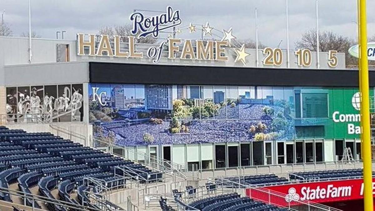 The Royals Hall of Fame facade in left field at Kauffman Stadium sports a new photo from the 2015 World Series victory parade.