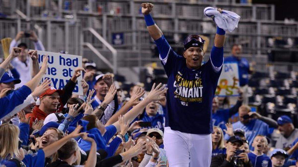 
Royals catcher Salvador Perez on Wednesday celebrated the team’s clinching win in the ALCS.

