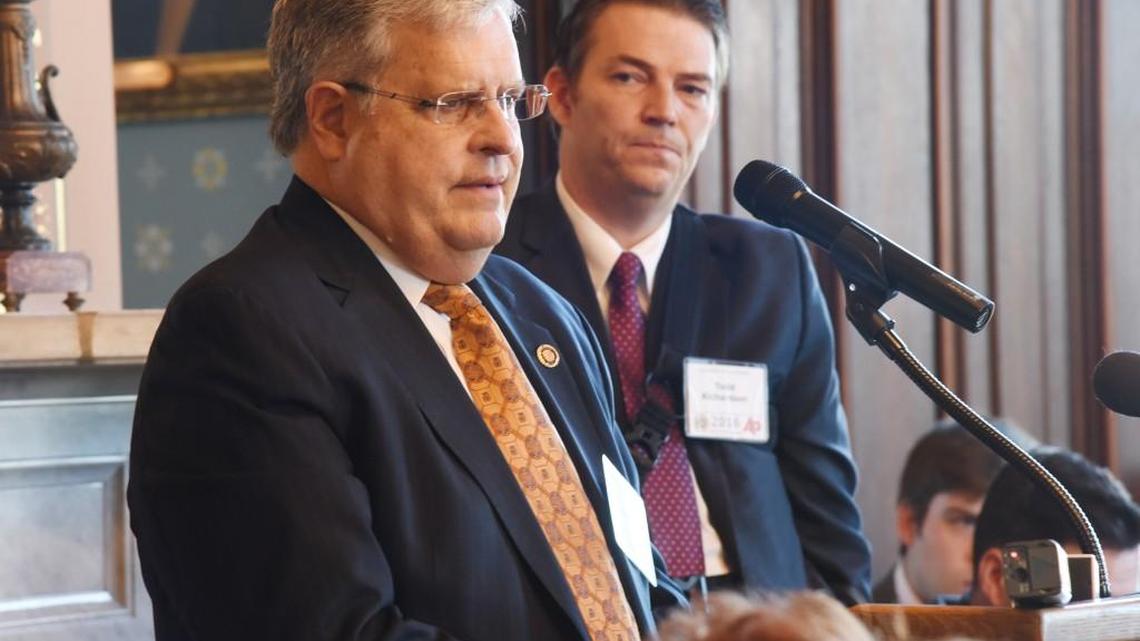 In this Feb. 4, 2016 file photo, Missouri Senate President Pro Tem Ron Richard speaks at an annual press association event at the Governor’s Mansion in Jefferson City, Missouri, as House Speaker Todd Richardson looks on.