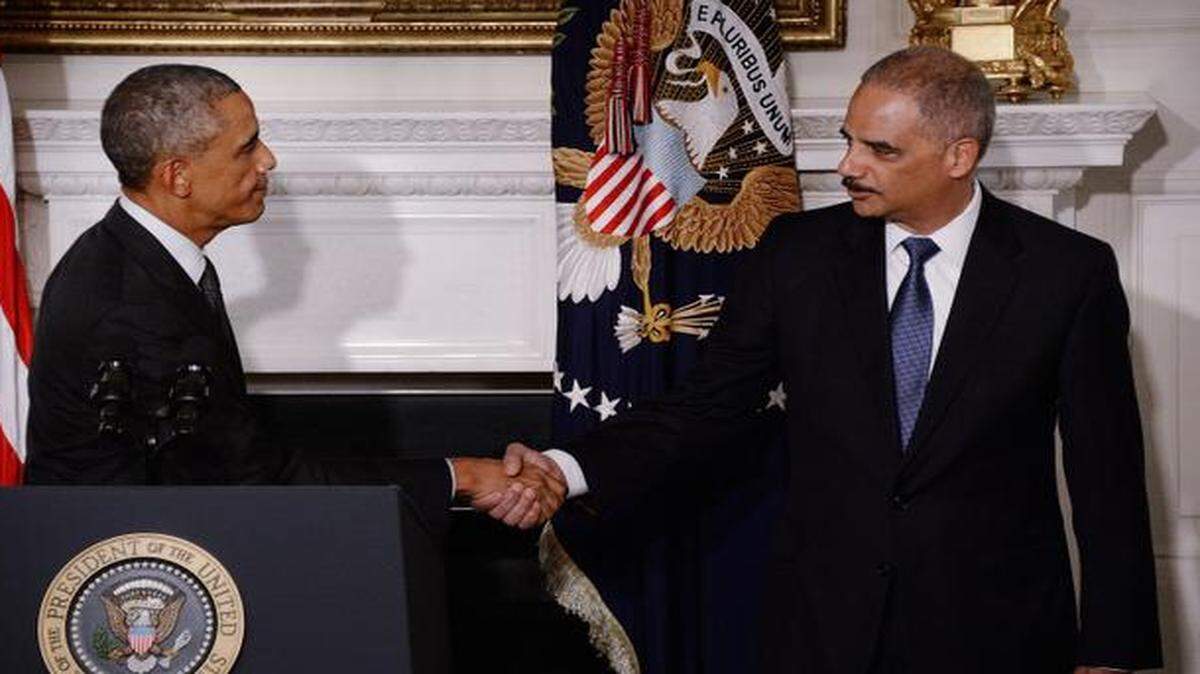 
President Barack Obama shook hands with Attorney General Eric H. Holder Jr. after announcing Holder’s resignation Thursday at the White House.
