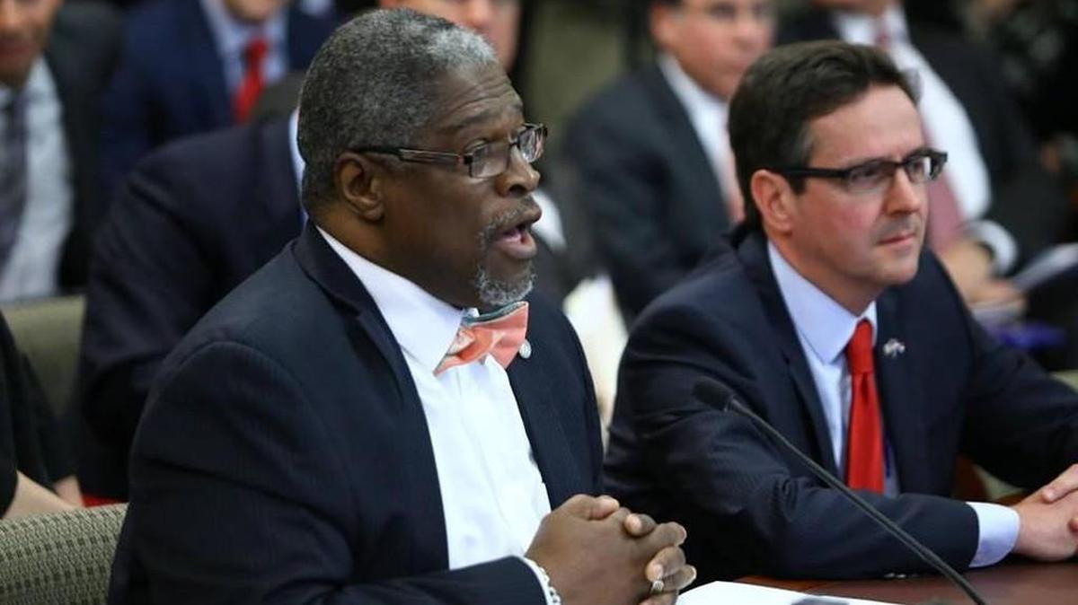 Mayor Sly James of Kansas City (left) supports retaining the earnings tax, while Sen. Kurt Schaefer opposes doing that.