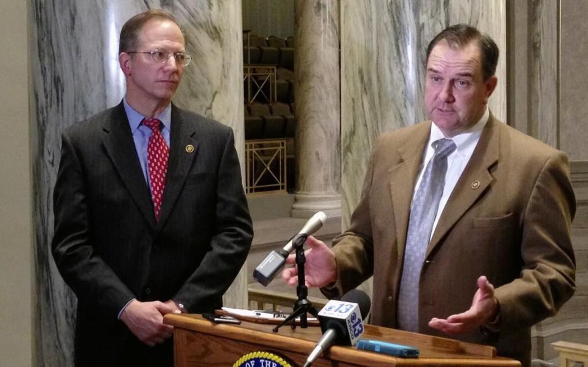 Senate Majority Leader Mike Kehoe (right) defended a controversial “religious freedom” measure in Missouri as the Republican sponsor, Sen. Bob Onder, looked on.