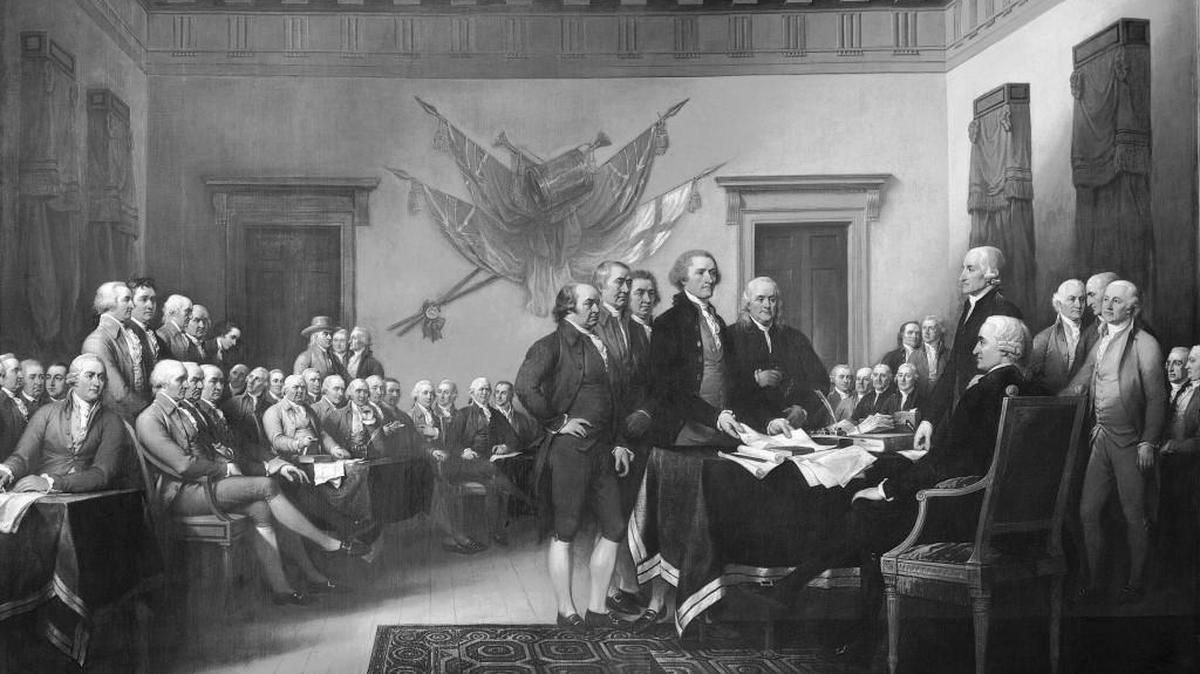 John Trumbull's painting, Declaration of Independence, depicting the five-man drafting committee of the Declaration of Independence presenting their work to the Congress. The painting can be found on the back of the U.S. $2 bill. The original hangs in the US Capitol rotunda.