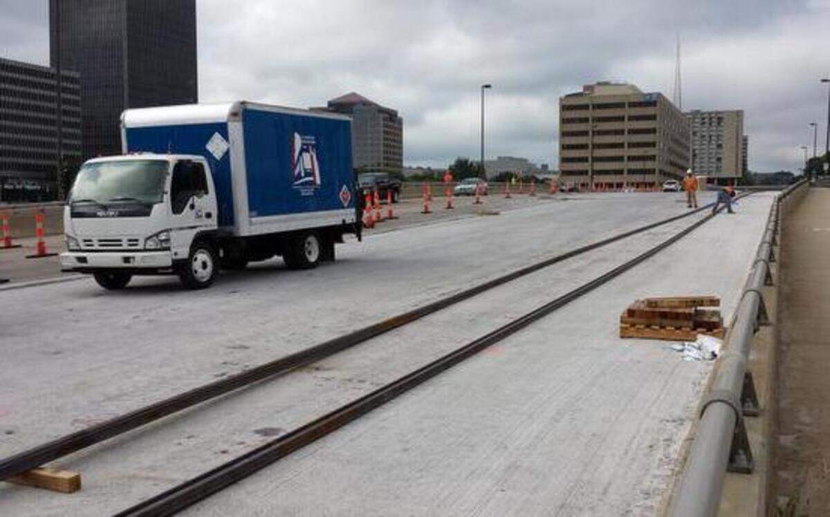 
Installation of streetcar rails on the Main Street viaduct is underway, part of the downtown starter line. 
