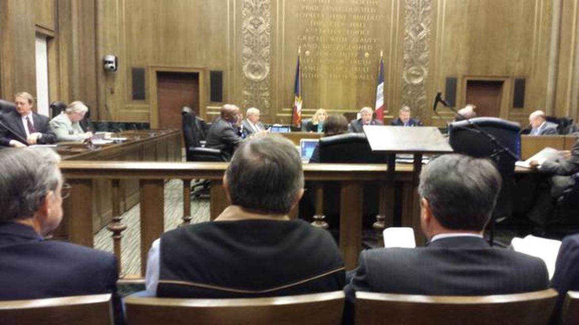 
Representatives of the American Royal Association (foreground) listened to City Councilman Ed Ford at a joint committee hearing Thursday concerning the fate of Kemper Arena.
