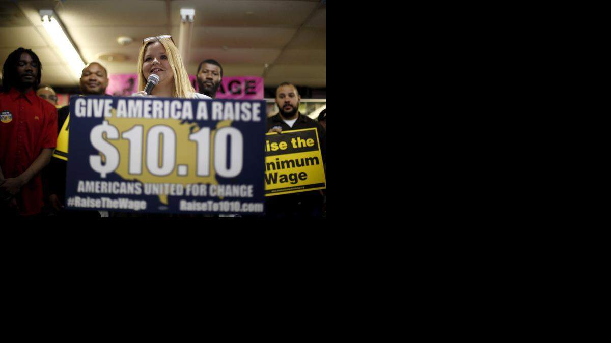 
A rally in University City, Mo., earlier this year called for raising the minimum wage. 
