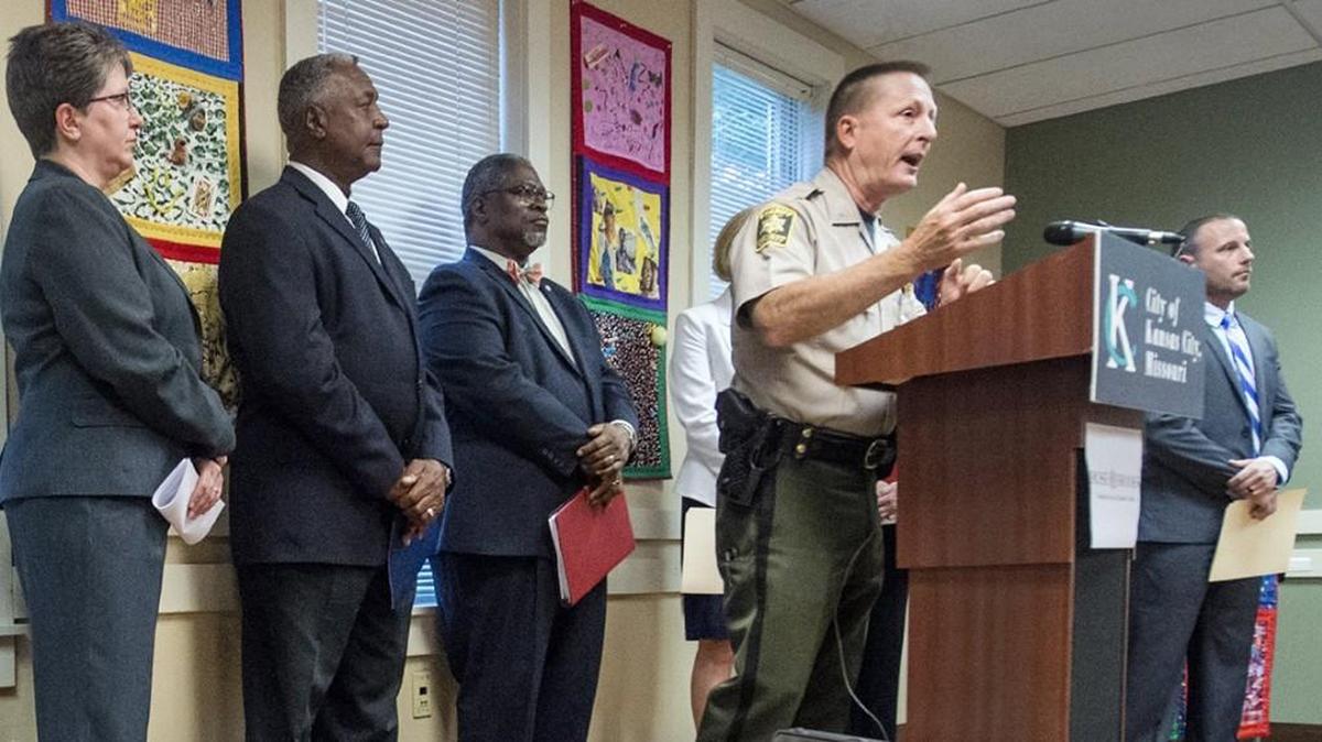 File photo of former Jackson County Sheriff Mike Sharp, at podium.