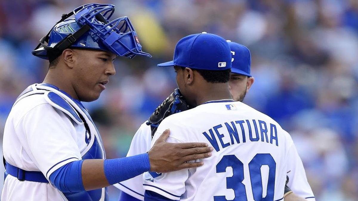 
Royals catcher Salvador Perez (left) talked with starting pitcher Yordano Ventura while third baseman Mike Moustakas listened on the mound earlier this season at Kauffman Stadium.
