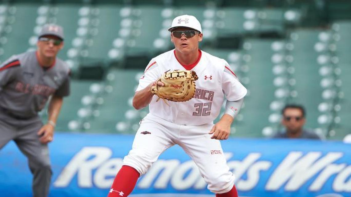 Nick Pratto of Huntington Beach High School in Huntington Beach, California played first base during the Under Armour All-American Game presented by Baseball Factory on July 23, 2016 at Wrigley Field in Chicago, Illinois.