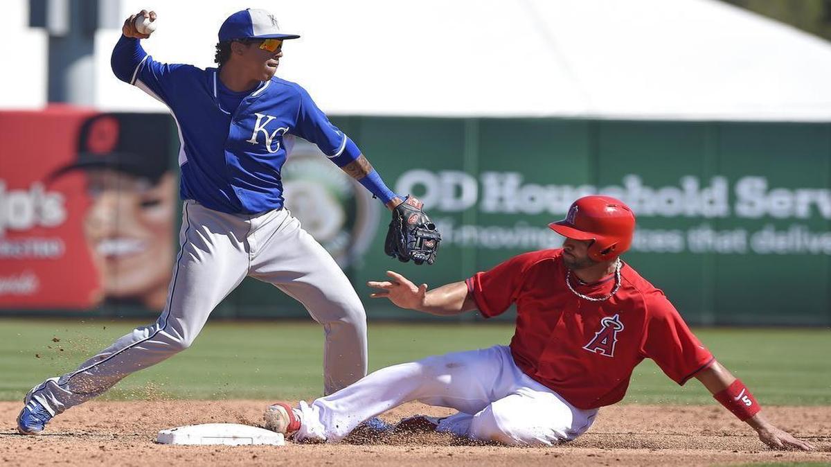 
Raul Mondesi, who forced the Angels’ Albert Pujols, during a spring training game is arguably the Royals’ top prospect.
