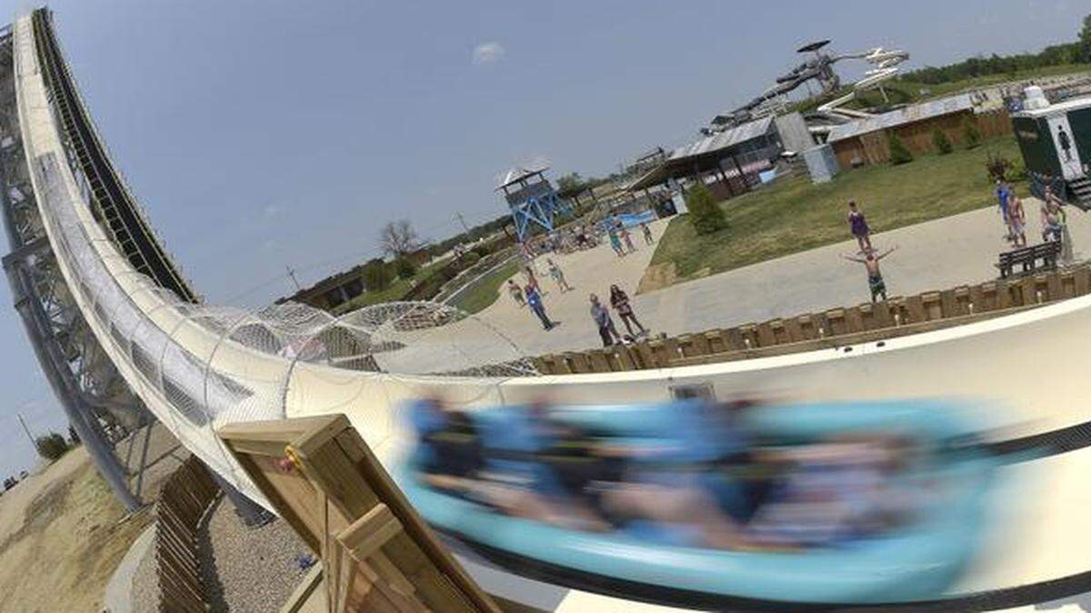 
Riders slide down Verrückt, the world’s tallest water slide, at the Schlitterbahn Waterpark.
