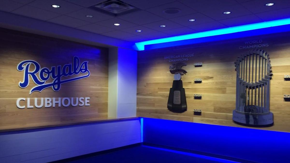 A cool blue scene greets visitors to the area outside the clubhouse at Kauffman Stadium.