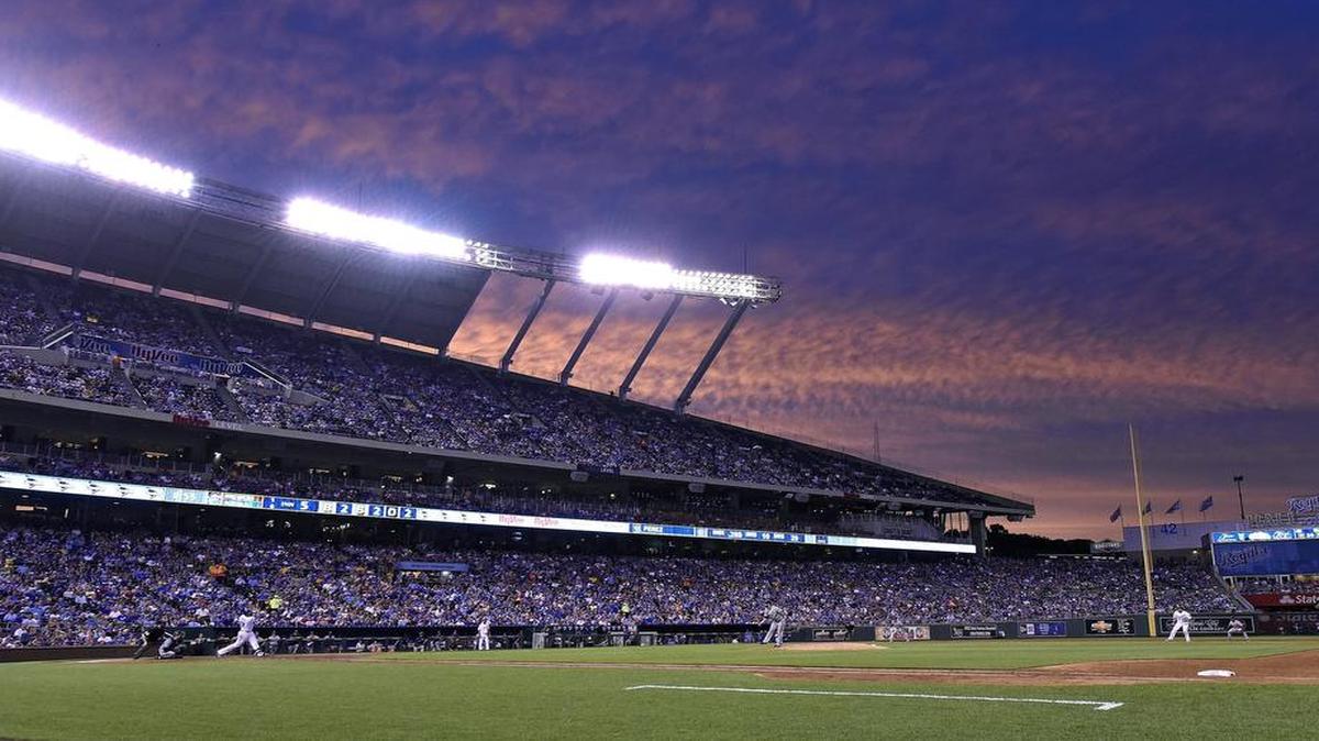 
The setting sun illuminates the clouds during Wednesday's baseball game between the Kansas City Royals and Milwaukee Brewers on June 17, 2015 at Kauffman Stadium in Kansas City, Mo.
