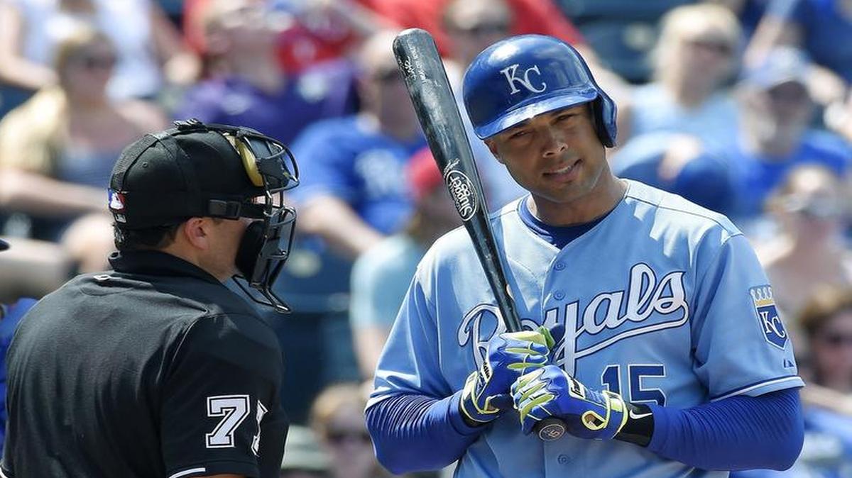
The Royals' Alex Rios (15), who wasn't happy with being called out looking at strike three against the Rangers on June 7 at at Kauffman Stadium, started in right field Monday against the Brewers in Milwaukee.
