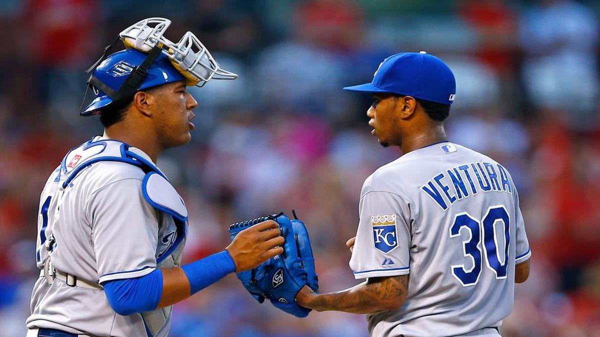 
Salvador Perez caught starting pitcher Yordano Ventura in Saturday’s game against the Red Sox in Boston.
