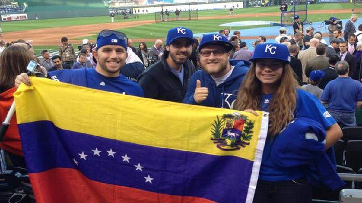 
Carlos Daniel Hernandez (from left), Marcos Tassinari, Raffaele Toscano and Andrea Hernandez traveled from their home country of Venezuela to watch the Royals play in the World Series. Carlos became a Royals fan while attending KU. He graduated with an economics degree in 2010.
