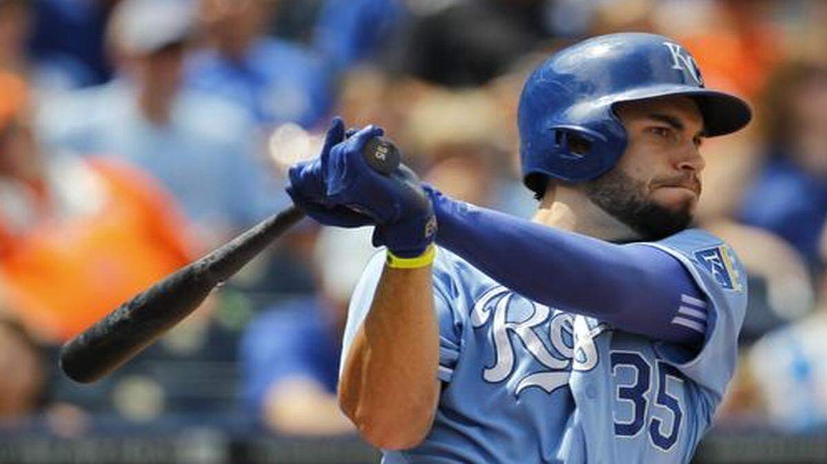 
The Royals' Eric Hosmer follows through on an RBI double against the Tigers during their July 13 game at Kauffman Stadium.
