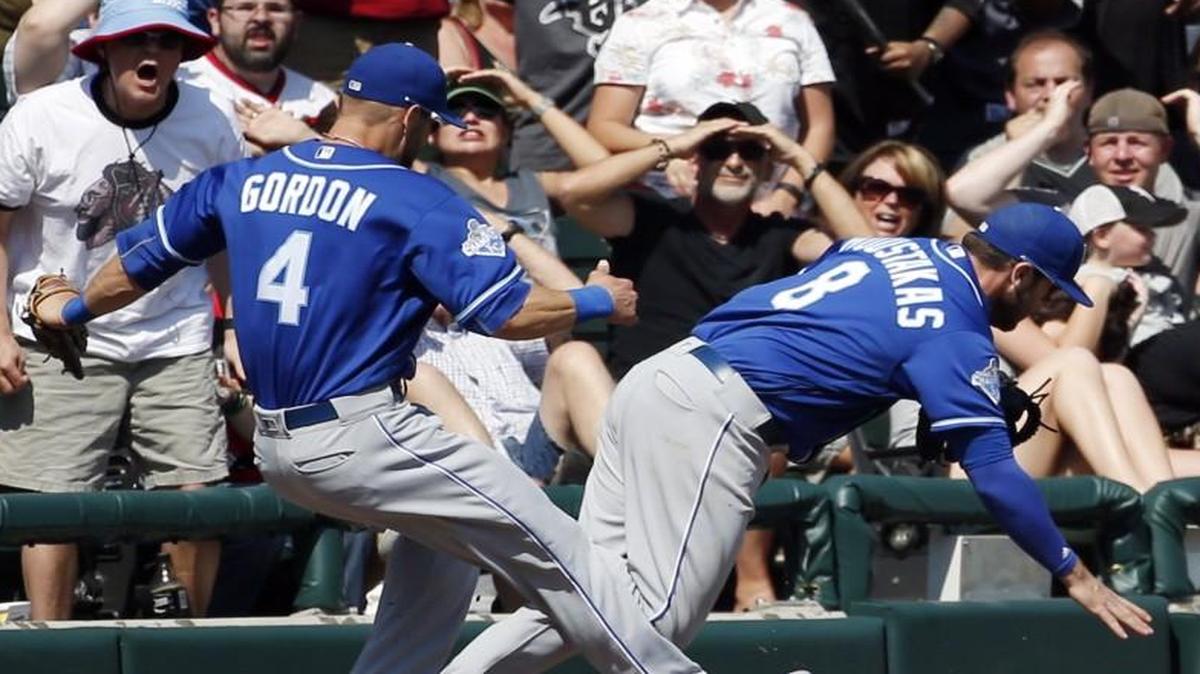 Kansas City Royals left fielder Alex Gordon and third baseman Mike Moustakas collided during the eighth inning of a baseball game against the Chicago White Sox on May 22.