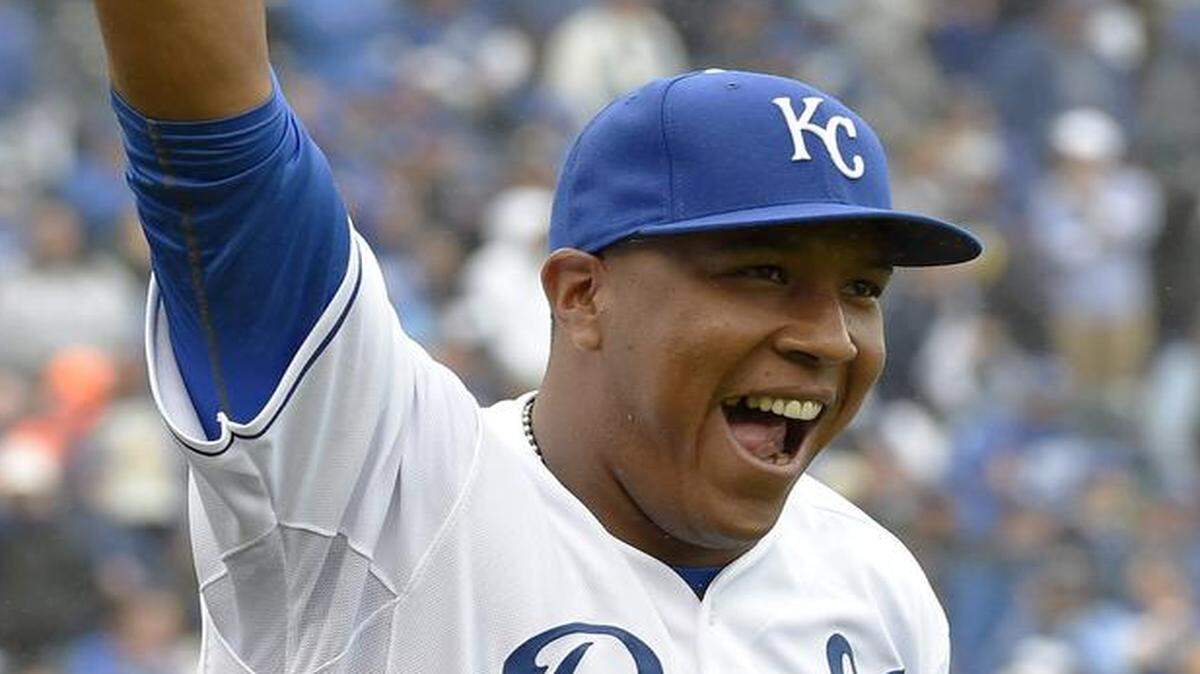 
So far this year, catcher Salvador Perez has caught every inning of the Royals’ young season. Here he received his American League championship ring at the 2015 season opener April 6 at The K.
