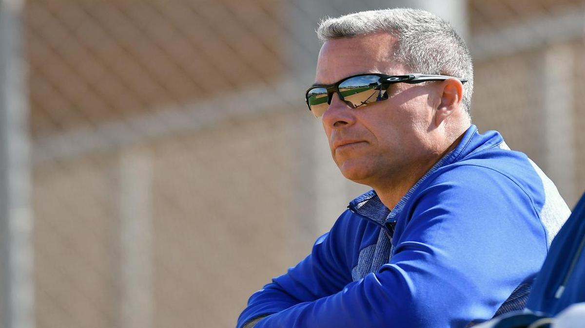 Kansas City Royals general manager Dayton Moore, shown here during a spring training workout in Surprise, Arizona, earlier this year, selected pitcher Evan Steele with the team’s third pick in the 2017 draft.