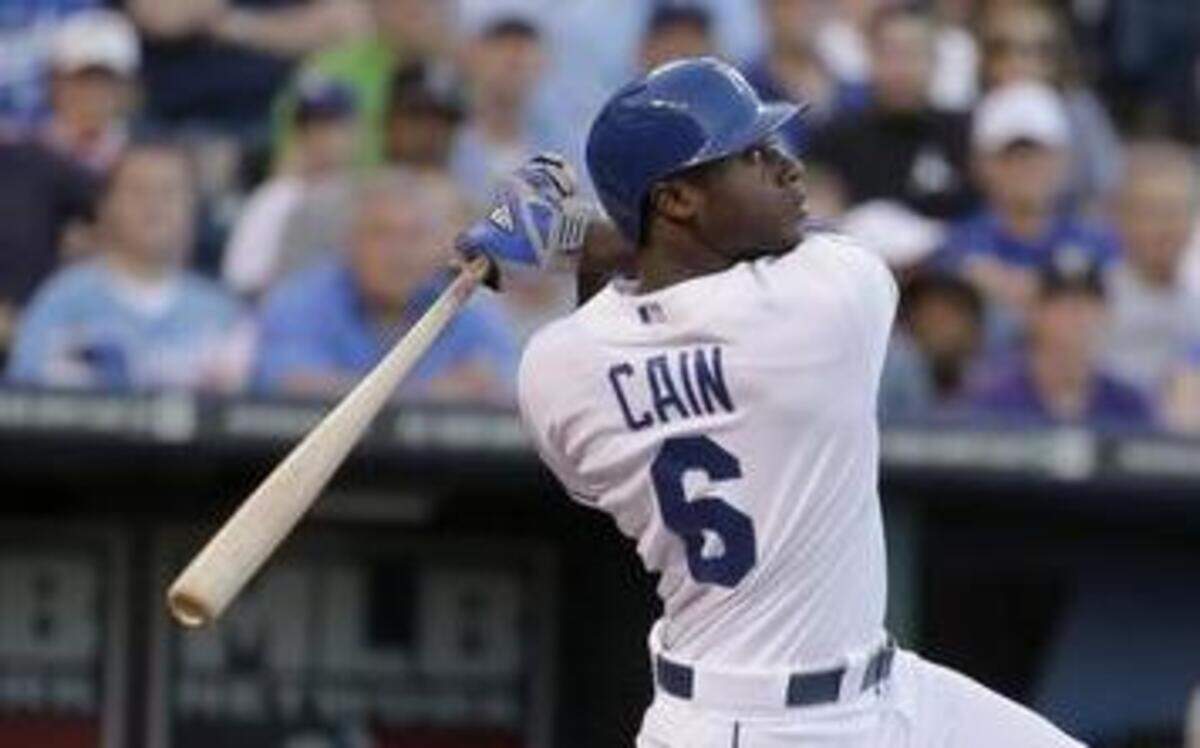 
Royals outfielder Lorenzo Cain bats during Tuesday’s baseball game against the Athletics at Kauffman Stadium
