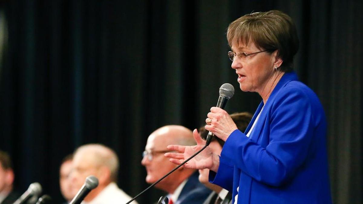 Kansas Sen. Laura Kelly gives her opening statement during a Kansas Democrat gubernatorial candidate forum Saturday in Topeka.