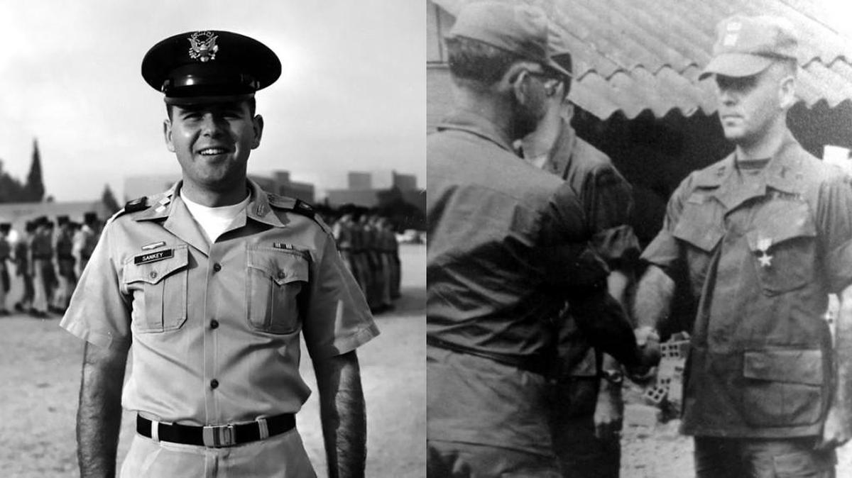 At left, Charles David Sankey had just joined the Army after graduating from Arizona State. At right, he receives his Silver Star in Vietnam.