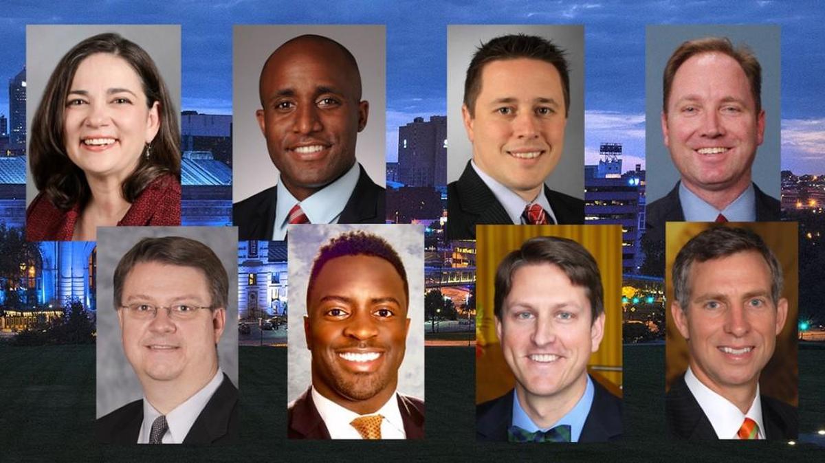Top row, left to right: Councilwoman Jolie Justus, Councilman Quinton Lucas, state Sen. Ryan Silvey, Councilman Scott Taylor. Bottom row, left to right: Councilman Scott Wagner, Councilman Jermaine Reed, Crossroads businessman Phil Glynn, Transportation Commission chairman Stephen Miller