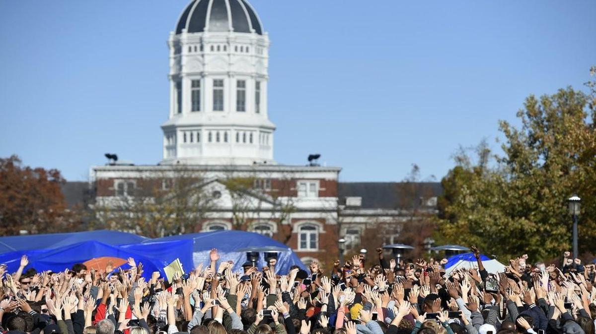 Student protesters on the campus of the University of Missouri in Columbia reacted to news Nov. 9 of the resignation of University of Missouri system president Tim Wolfe.