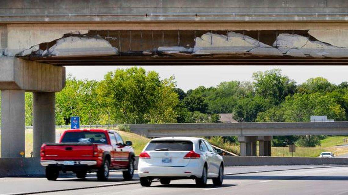 
Damaged concrete on the Turner Diagonal overpass of westbound Interstate 70 had caused concern for motorists passing beneath.
