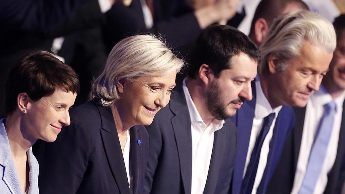 Alternative for Germany chairwoman Frauke Petry, far-right leader and candidate Marine le Pen from France, Italian Lega Nord chief Matteo Salvini and Dutch populist anti-Islam lawmaker Geert Wilders, from left, stand together at a 2017 meeting of European nationalists in Koblenz, Germany.