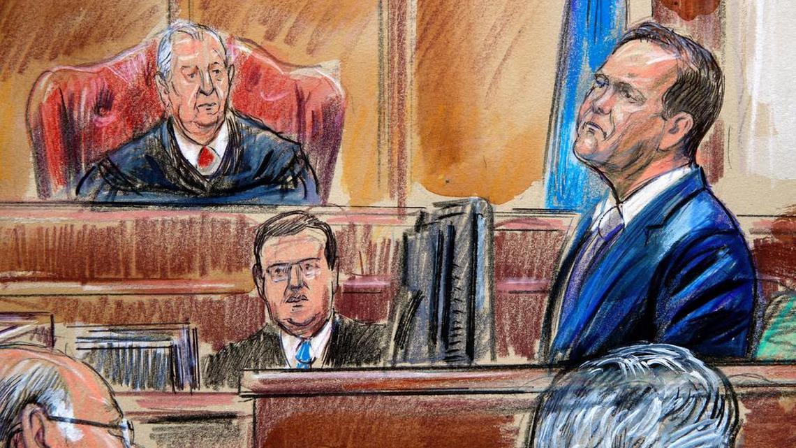 This courtroom sketch depicts Rick Gates on the witness stand as he is cross examined by defense lawyer Kevin Downing during the trial of former Donald Trump campaign chairman Paul Manafort on bank fraud and tax evasion at federal court in Alexandria, Va., on Aug. 7.