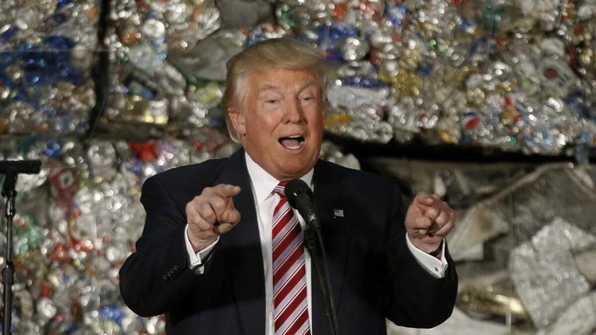 Republican presidential candidate Donald Trump spoke Tuesday at a campaign stopat Alumisource, a metals recycling facility in Monessen, Pa.
