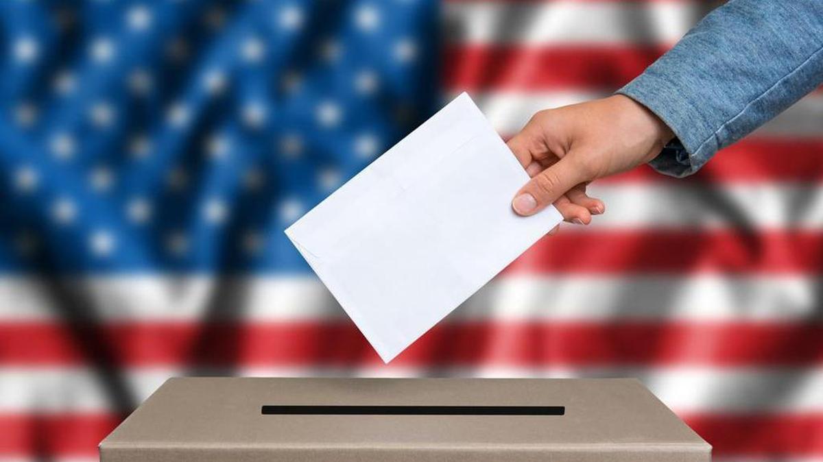illustration with a person voting in a ballot box in front of an American flag