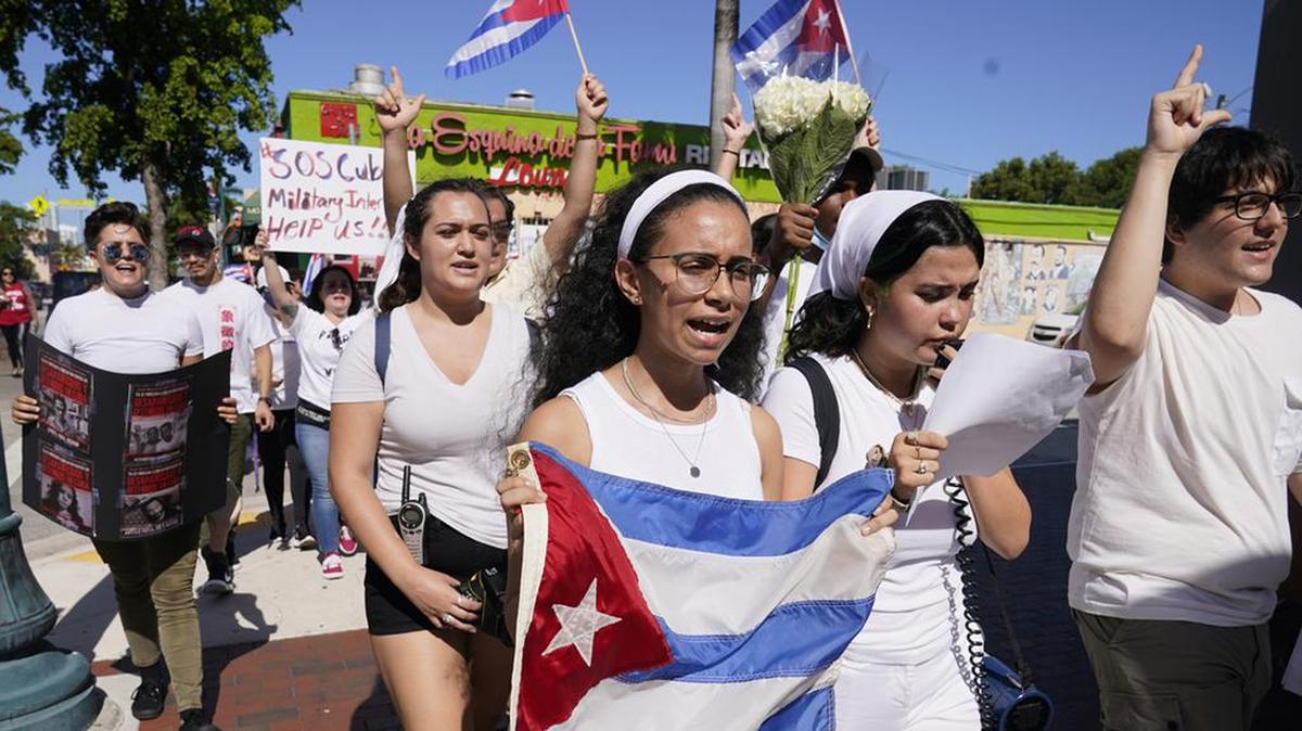 Pro-Cuba demonstrators marched in the Little Havana neighborhood of Miami, Sunday, July 18.