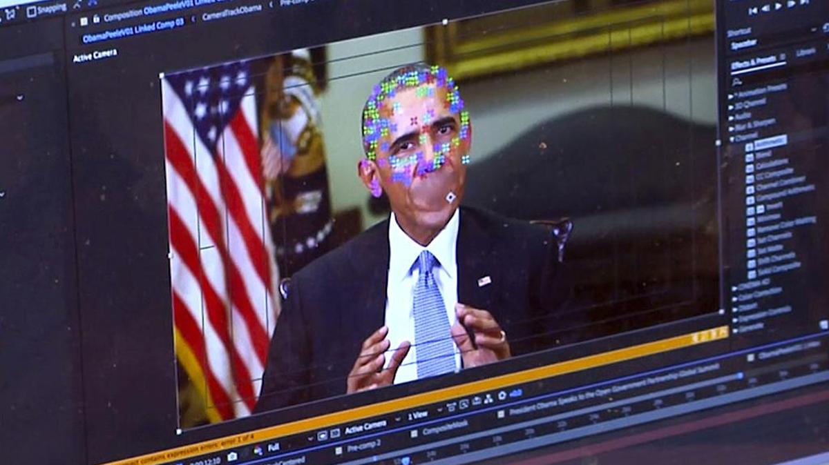 This image of a fake video being created featuring former President Barack Obama shows elements of facial mapping used in new technology that lets anyone make videos of real people appearing to say things they’ve never said.