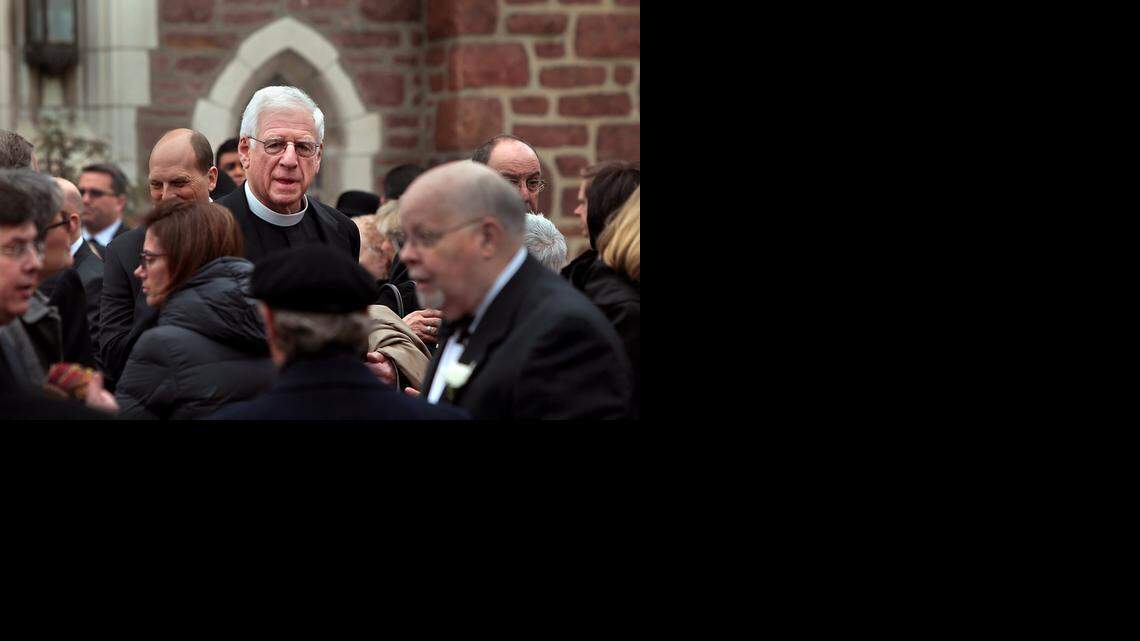 
Former U.S. Sen. John Danforth leaves The Church of St. Michael and St. George in Clayton, Mo., on Tuesday after delivering the eulogy at the funeral for Missouri State Auditor Tom Schweich.
