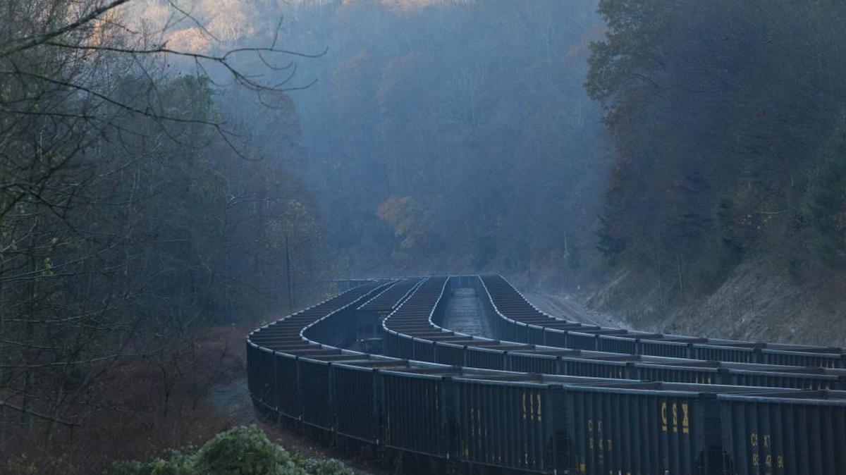 Empty train cars sit on the tracks near Dante, Va. Unemployment in this part of Virginia is about twice the statewide rate of 4 percent. Virginia coal production last year dropped 70 percent from its peak, in 1990, and is declining every year.