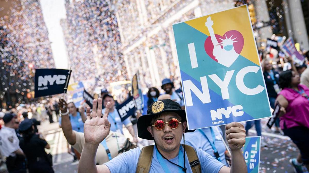 New Yorkers put on a parade July 7 for the essential workers who helped the city through the pandemic. But with the delta variant surging, it isn’t over yet.