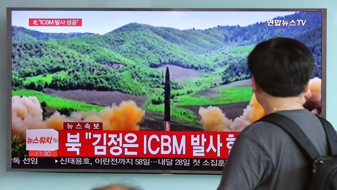 A TV newscast in South Korea showed what was said to be the launch of a Hwasong-14 intercontinental ballistic missile aired by North Korea’s KRT this week.
