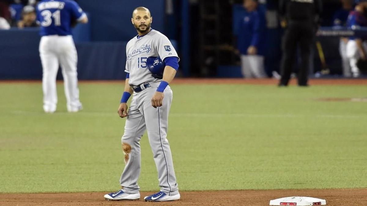 Kansas City Royals right fielder Alex Rios waited near second base while umpires reviewed a call to see whether or not he safely stole the base during the ALCS.