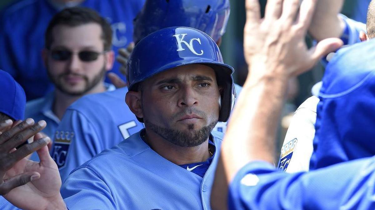 
The ity Royals' Omar Infante was greeted in the dugout after scoring on a sacrifice fly by Alcides Escobar against the Texas Rangers on June 7 at Kauffman Stadium.
