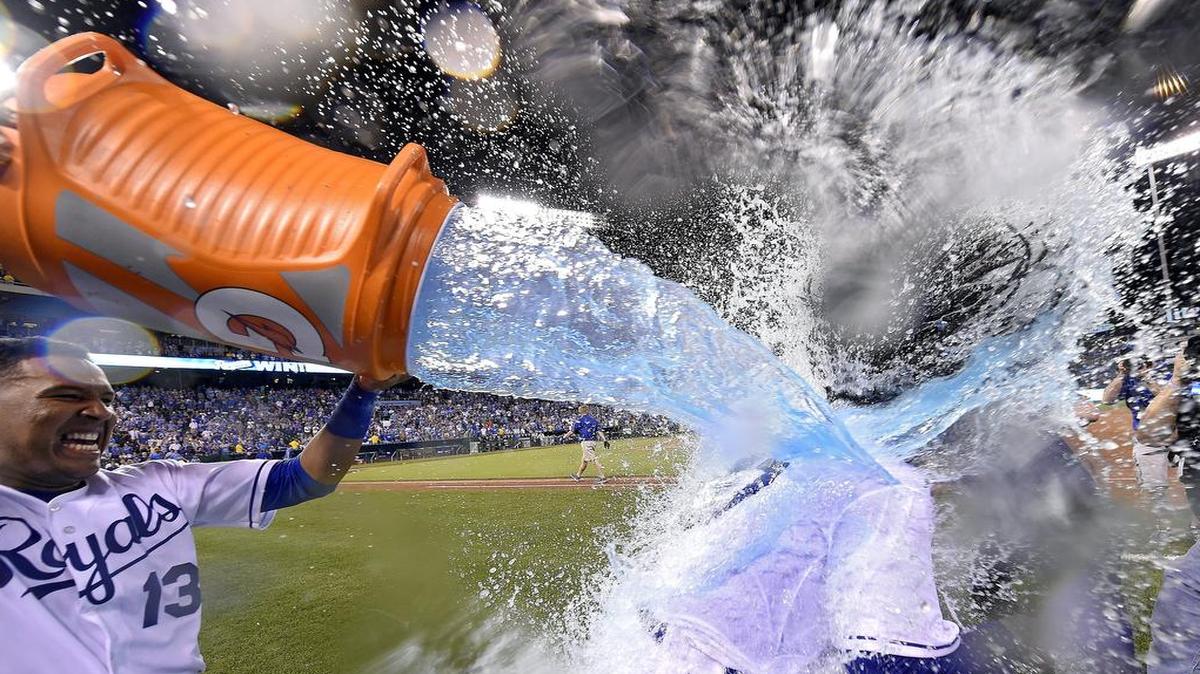 
Royals pitcher Johnny Cueto was covered in Gatorade by catcher Salvador Perez after Cueto’s shutout of the Detroit Tigers on Monday night.
