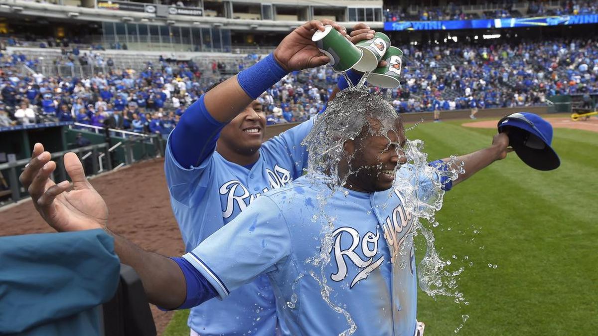 
Lorenzo Cain gets doused by Salvador Perez (13) after the Royals’ 4-2 win over the Athletics on April 19 at Kauffman.
