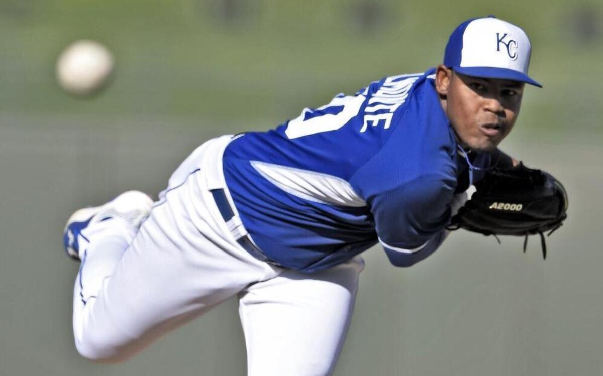 
Kansas City Royals pitcher Miguel Almonte delivered a pitch during the Kansas City Royals and the San Diego Padres spring training baseball game at Surprise Stadium in Surprise, Ariz.
