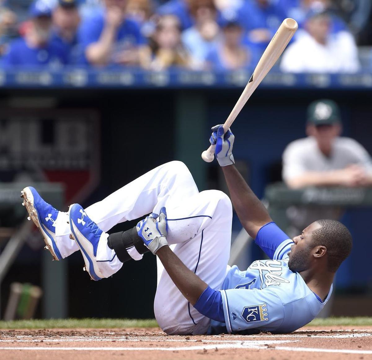 Lorenzo Cain was hit by a pitch from Oakland Athletics starting pitcher Scott Kazmir in the first inning April 19, 2015 at Kauffman Stadium in Kansas City, Mo.