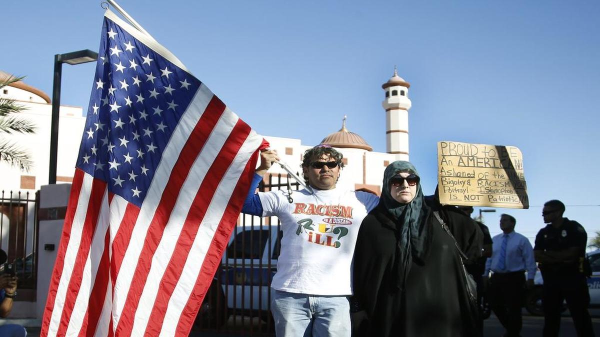 
Two protest groups sparred about Islam outside a Phoenix mosque on May 29.
