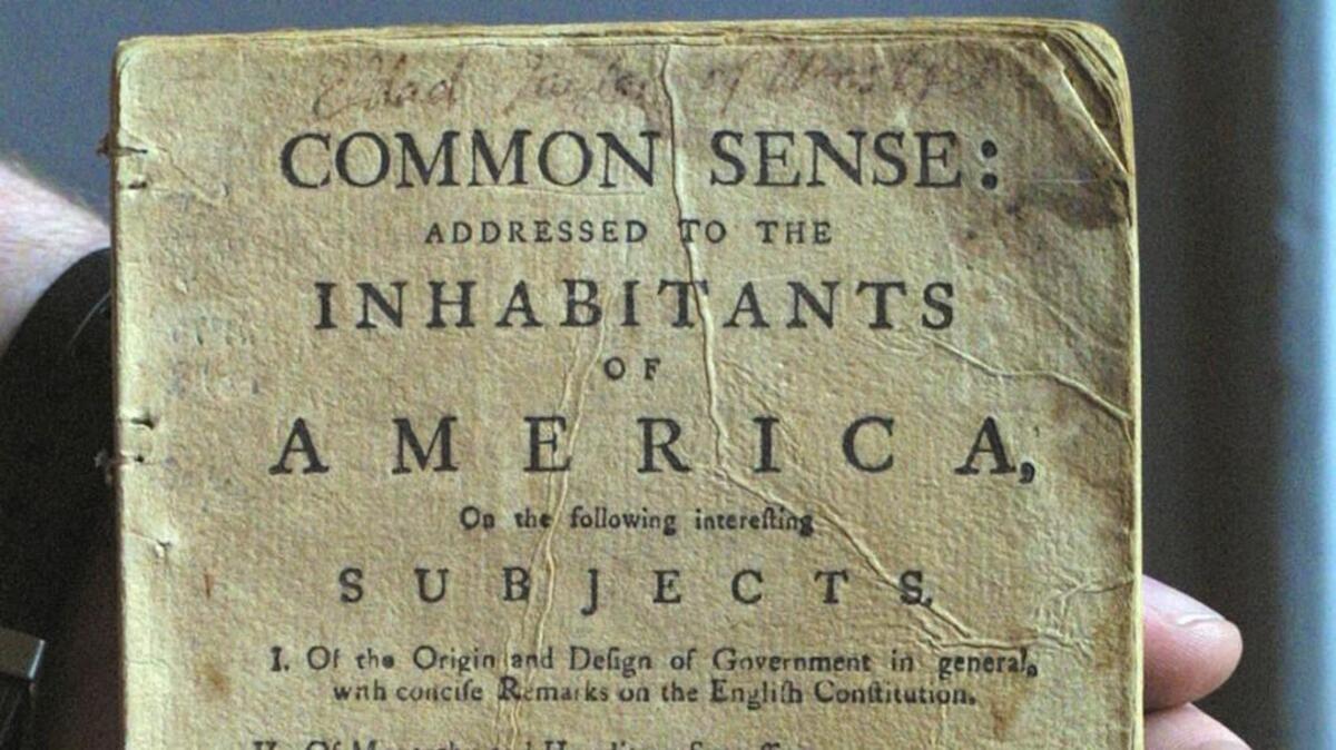 An original copy of “Common Sense,” the pamphlet that stirred the American colonies to independence, is shown in the Thomas Paine Memorial Museum in New Rochelle, N.Y.