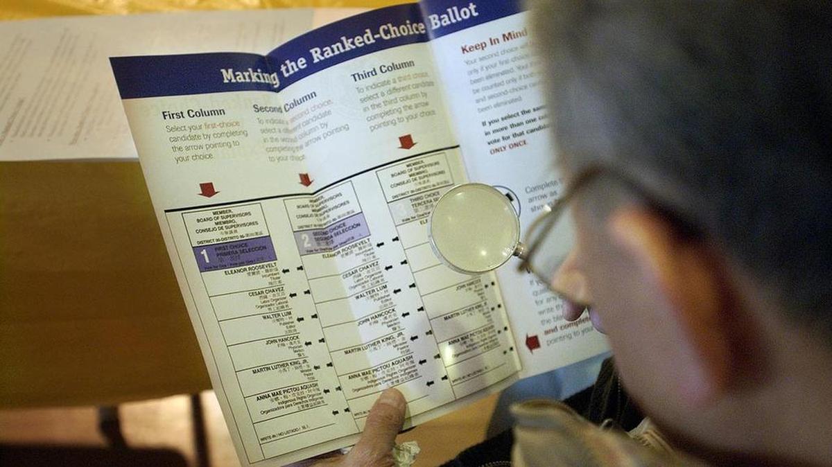 If no single candidate gets a simple majority, the candidate with the fewest votes is eliminated, and ballots that picked that eliminated candidate first would move to the voter’s next choice.